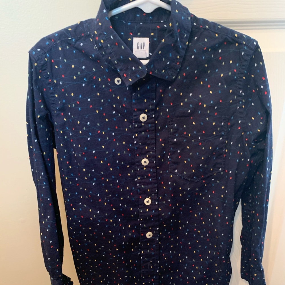Gap Navy Christmas Lights Button Down